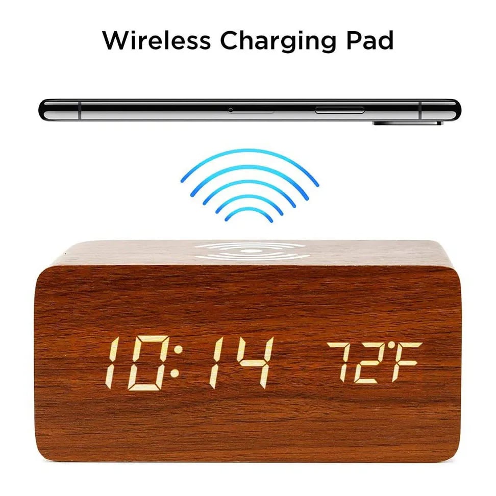 Wooden Phone Charger & Digital LED Alarm Clock in Dark Wood