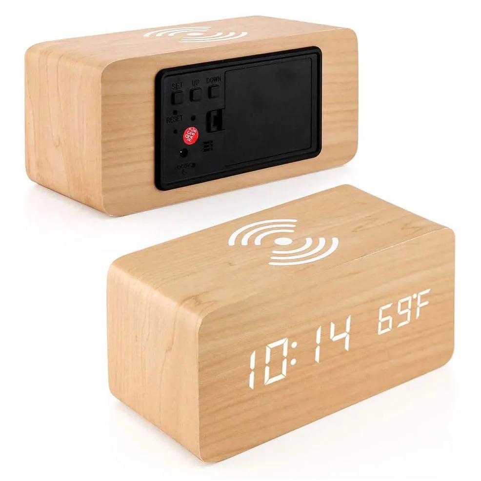 Wooden Phone Charger & Digital LED Alarm Clock in Light Wood