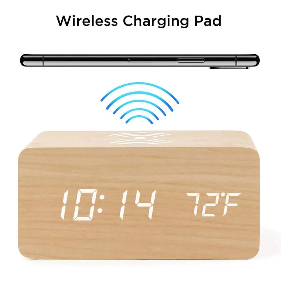 Wooden Phone Charger & Digital LED Alarm Clock in Light Wood