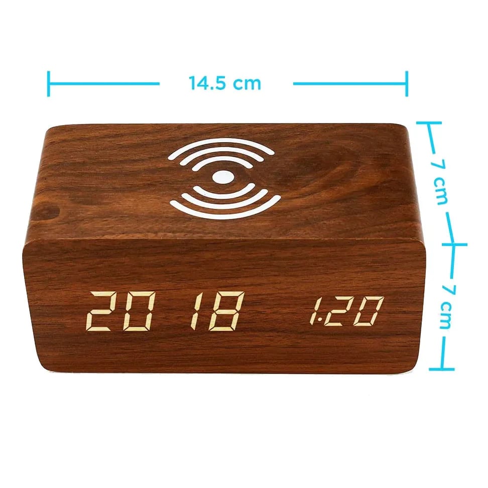 Wooden Phone Charger & Digital LED Alarm Clock in Dark Wood