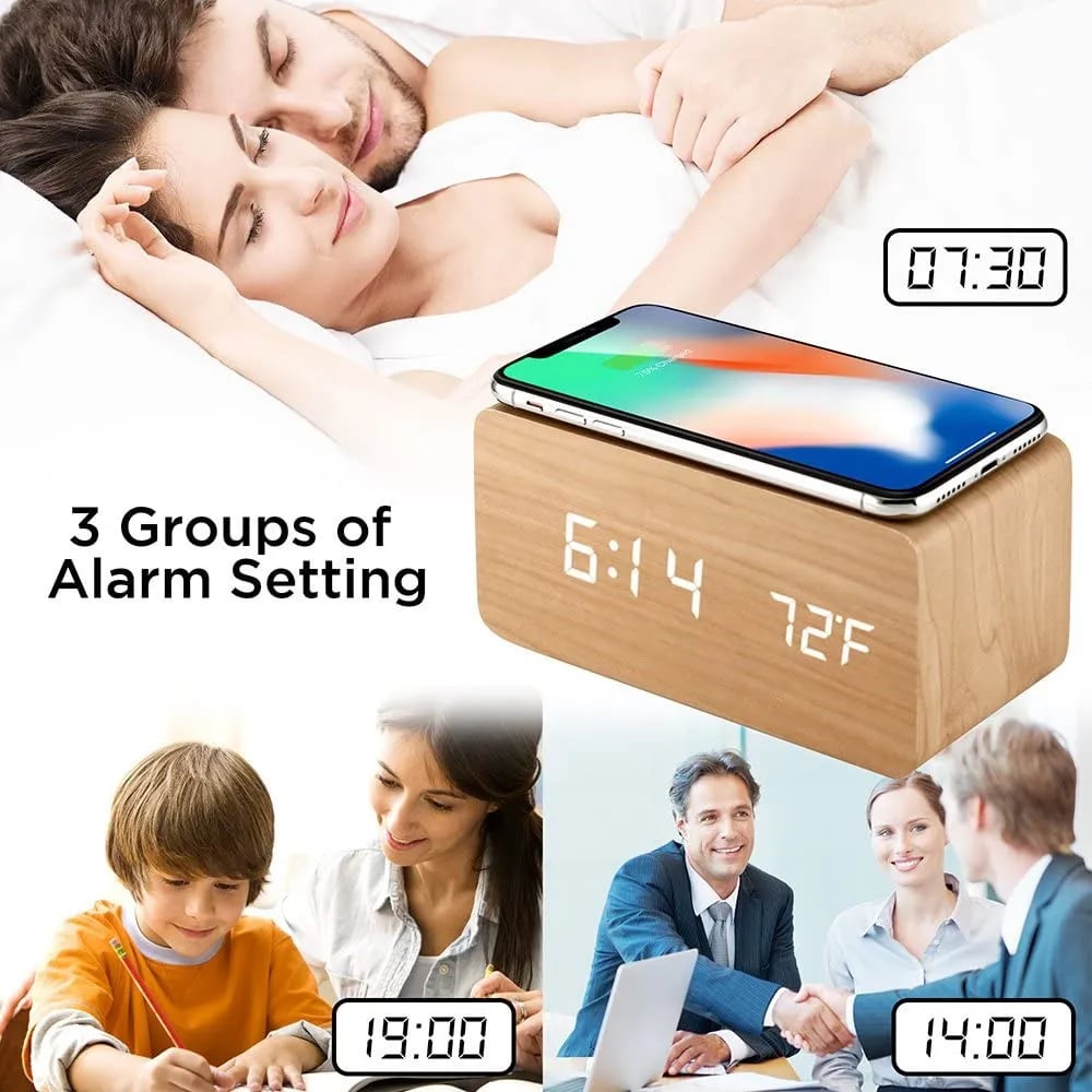 Wooden Phone Charger & Digital LED Alarm Clock in Light Wood