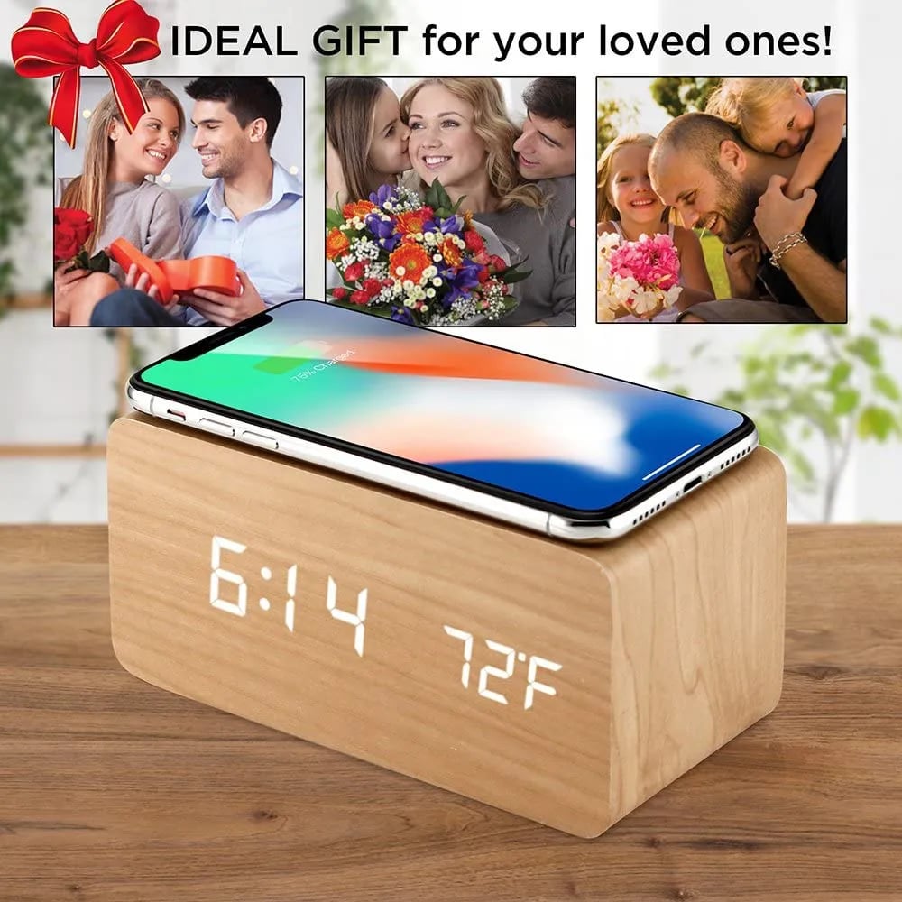Wooden Phone Charger & Digital LED Alarm Clock in Light Wood
