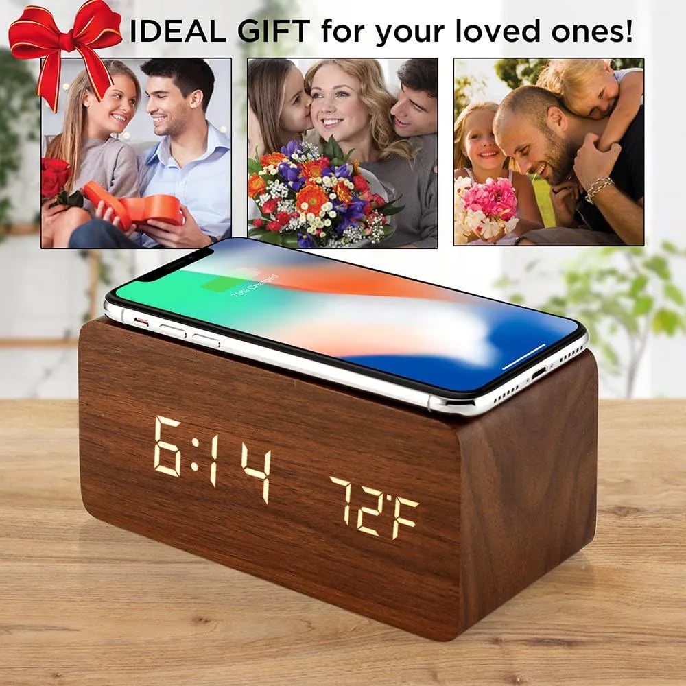 Wooden Phone Charger & Digital LED Alarm Clock in Dark Wood