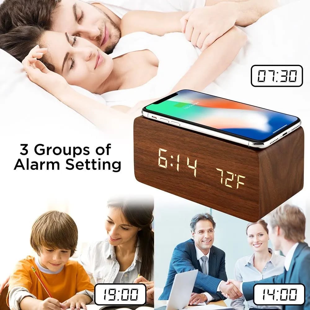 Wooden Phone Charger & Digital LED Alarm Clock in Dark Wood
