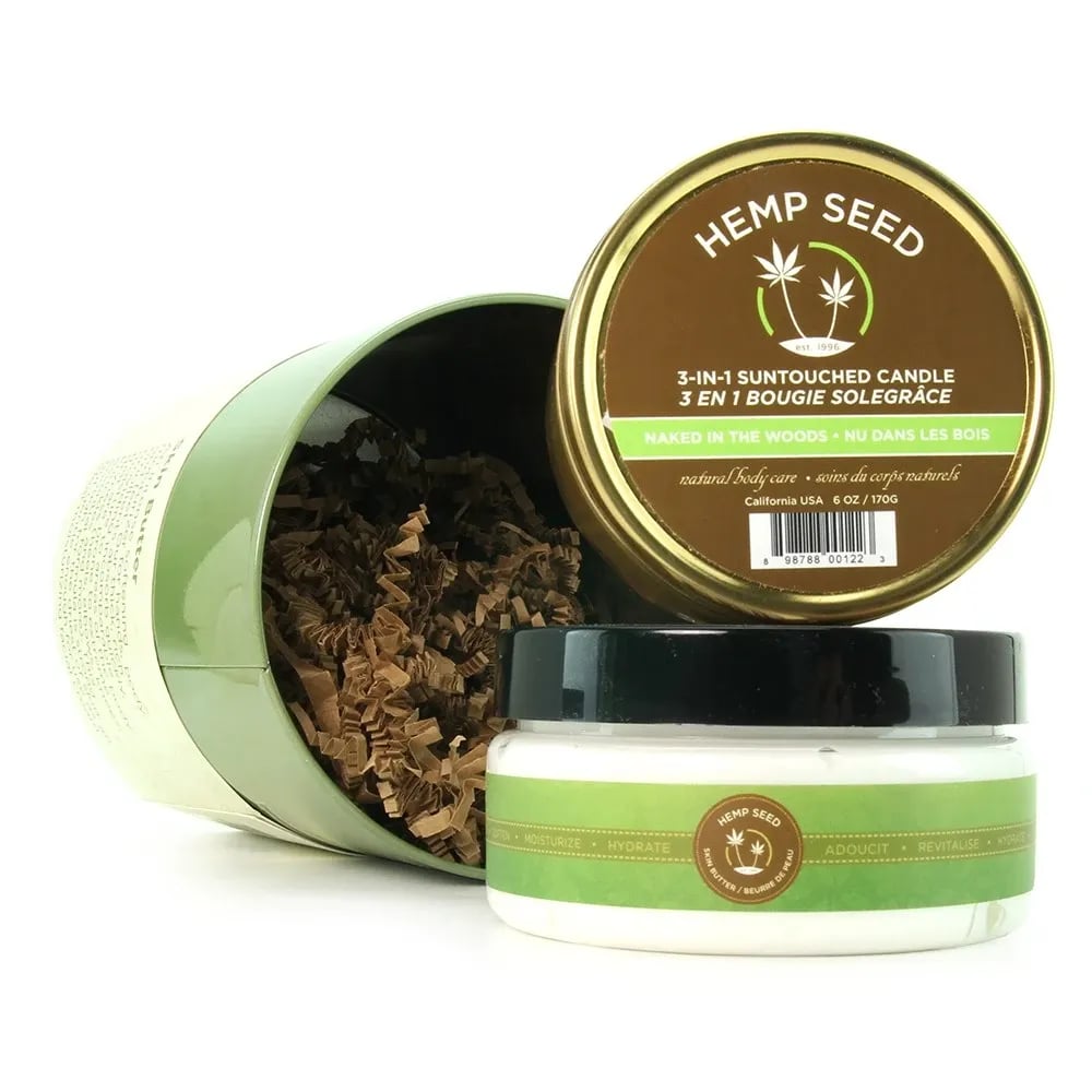 hemp seed holiday tin in naked in the woods