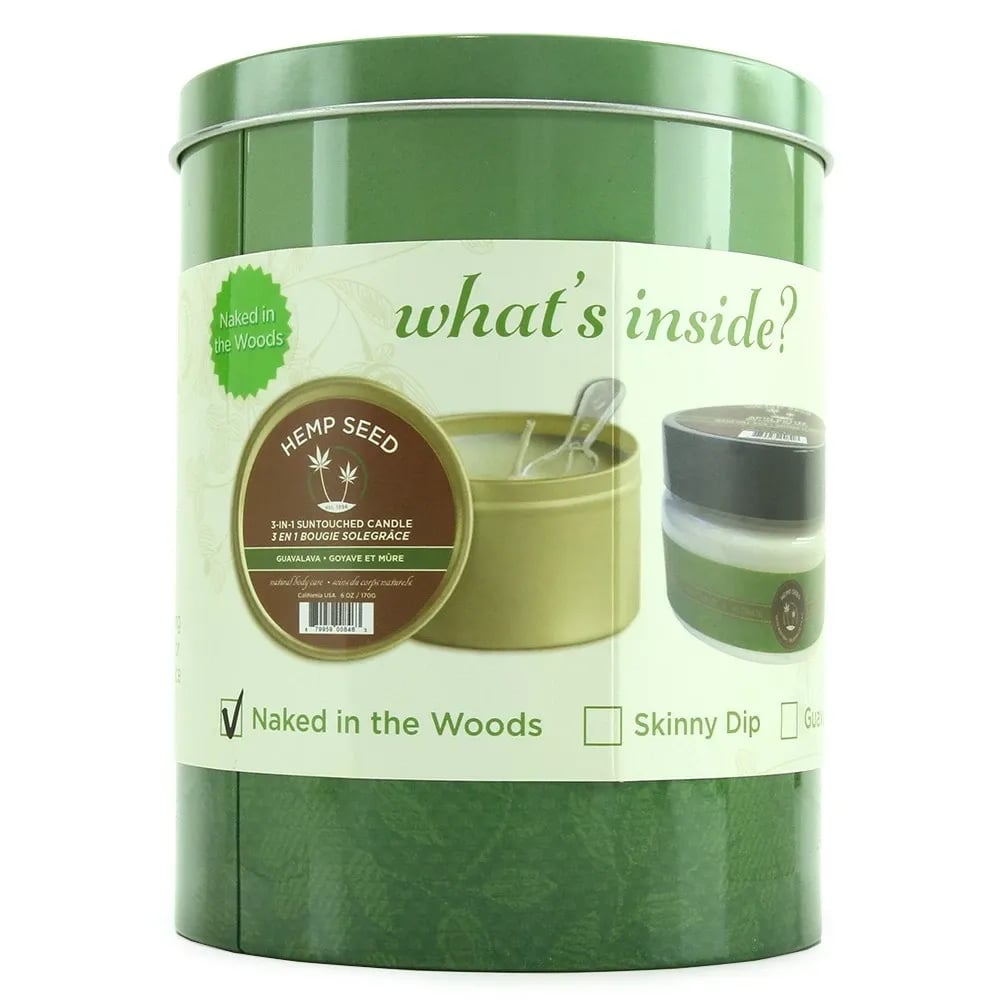 hemp seed holiday tin in naked in the woods