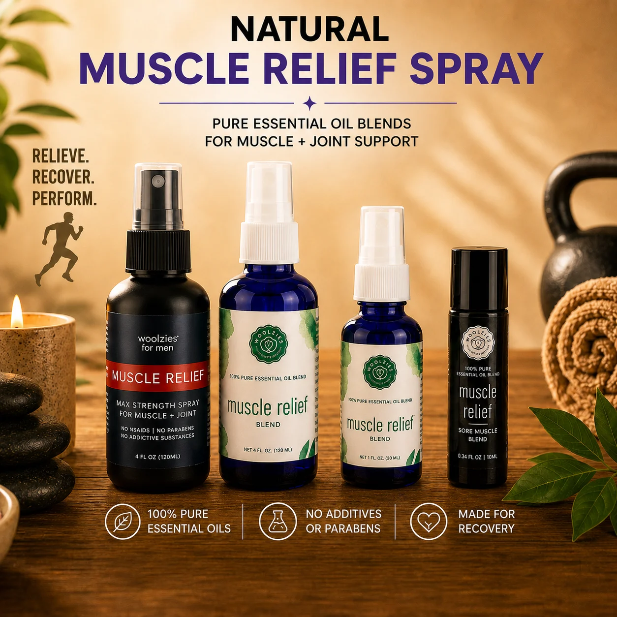 Natural Muscle Relief Spray, Woolzies essential oil blends for muscle and joint support