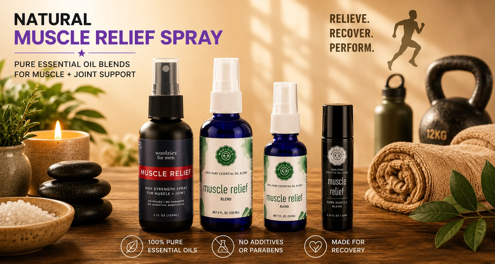 Natural Muscle Relief Spray, Woolzies essential oil blends for muscle and joint support